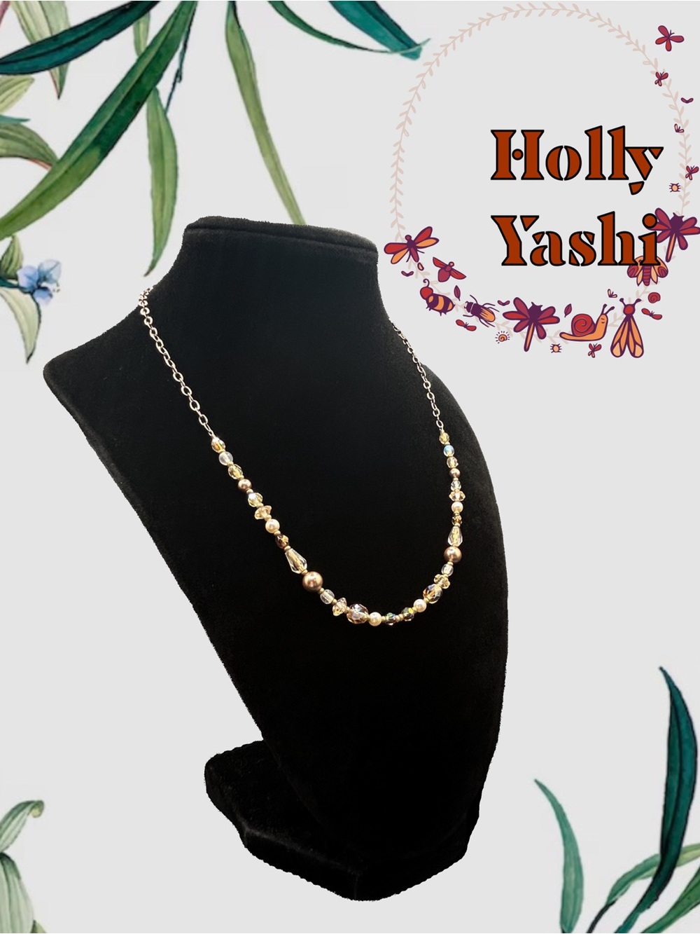 Vintage Holly Yashi Beaded Necklace, Gold Tone & Opalescent AB Crystals